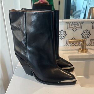 Isabel Marant Ladel Low black leather ankle boots with silver toe